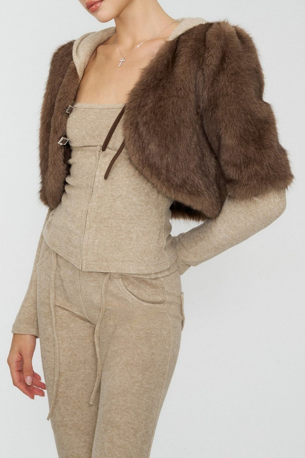Louia Faux Fur Cropped Jacket - Brown