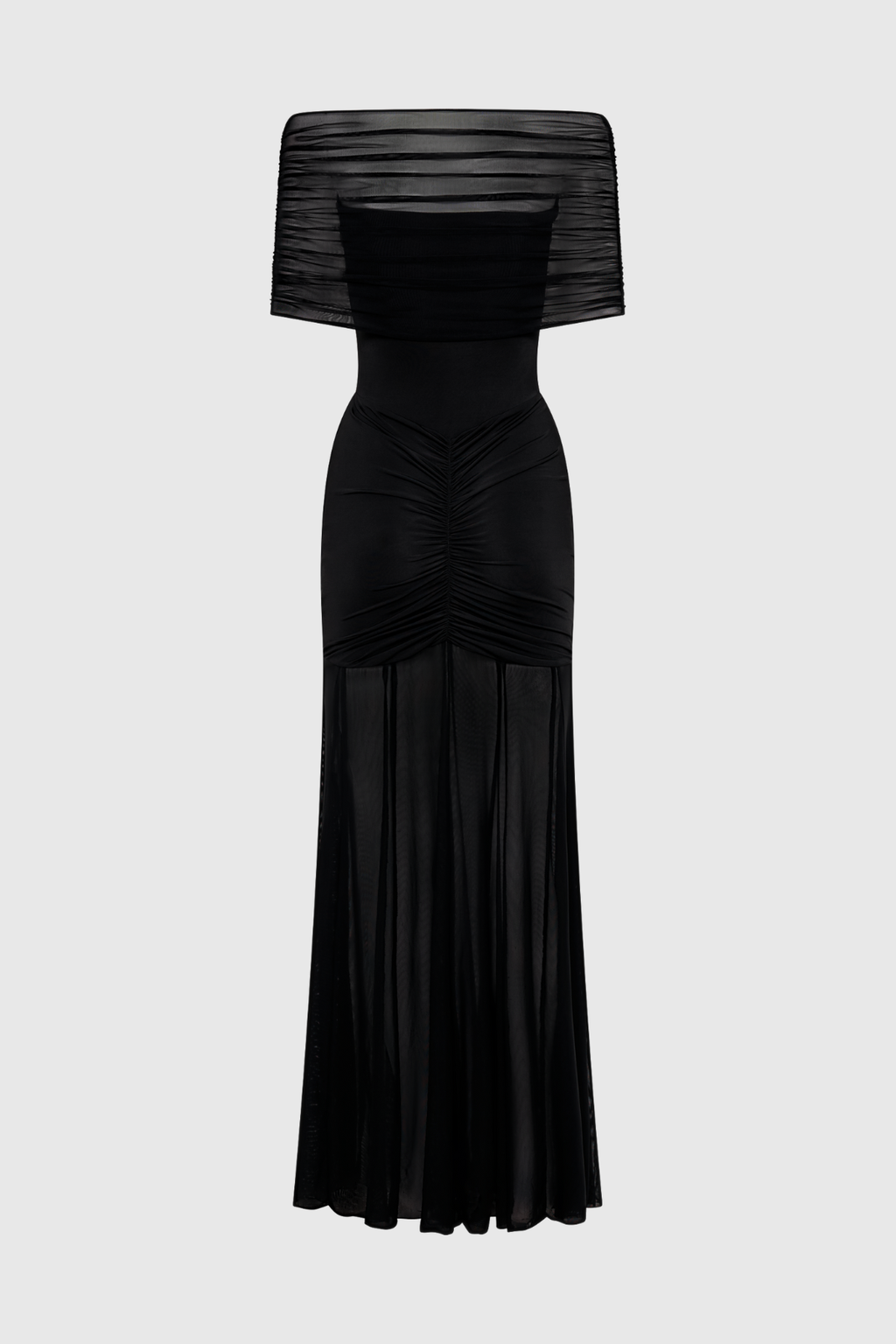 Loxley Off Shoulder Mesh Ruched Maxi Dress - Black
