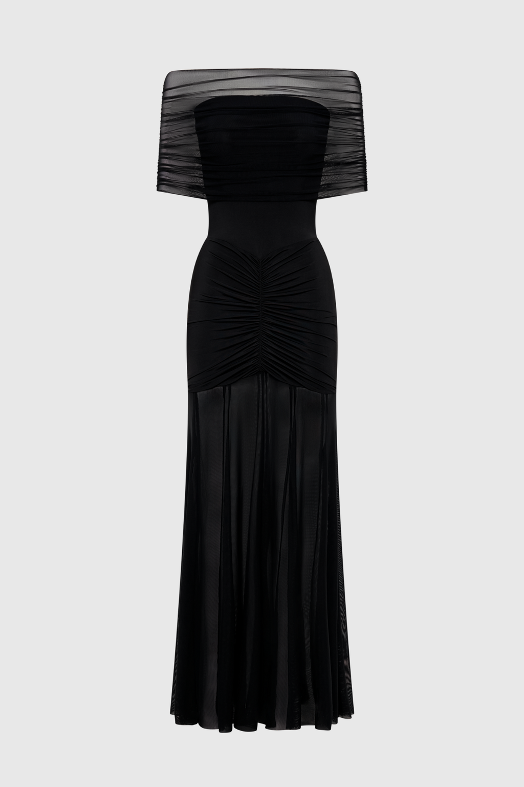 Loxley Off Shoulder Mesh Ruched Maxi Dress - Black