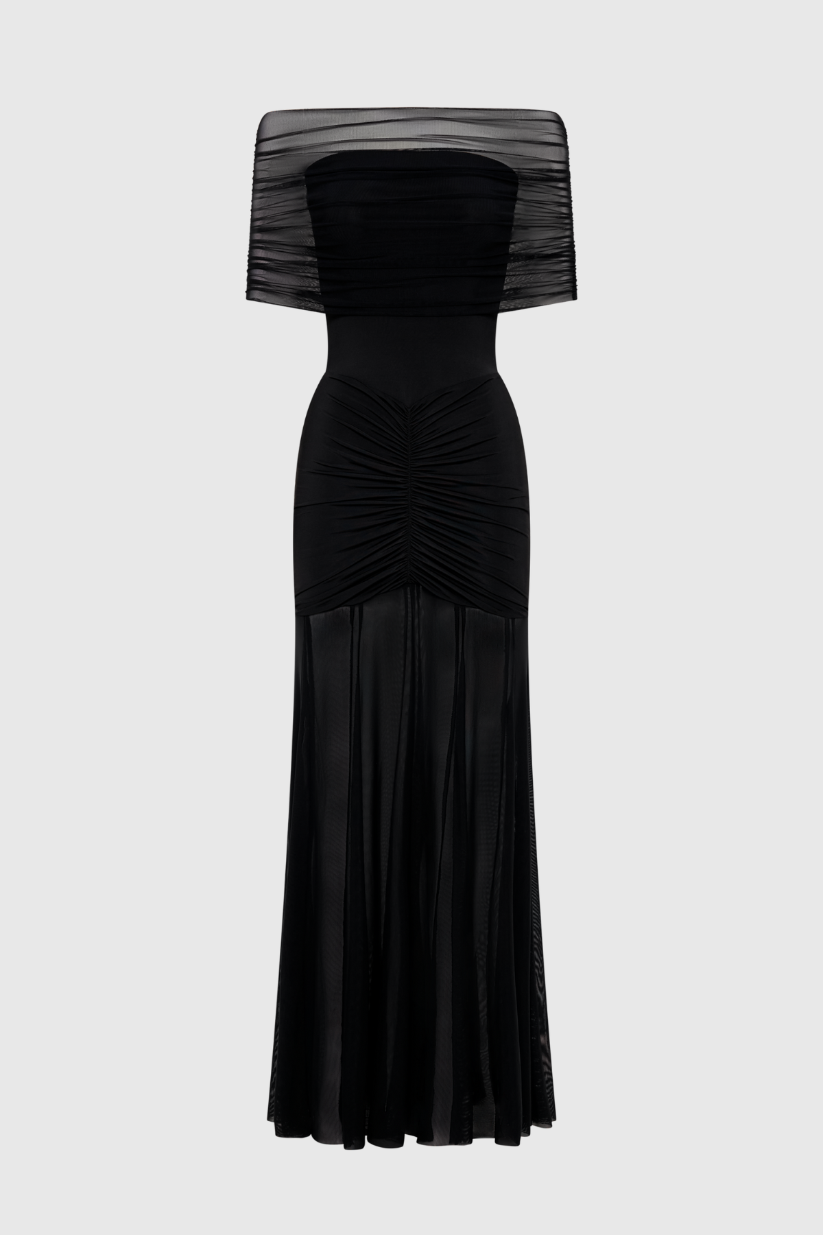 Loxley Off Shoulder Mesh Ruched Maxi Dress - Black