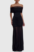 Loxley Off Shoulder Mesh Ruched Maxi Dress - Black