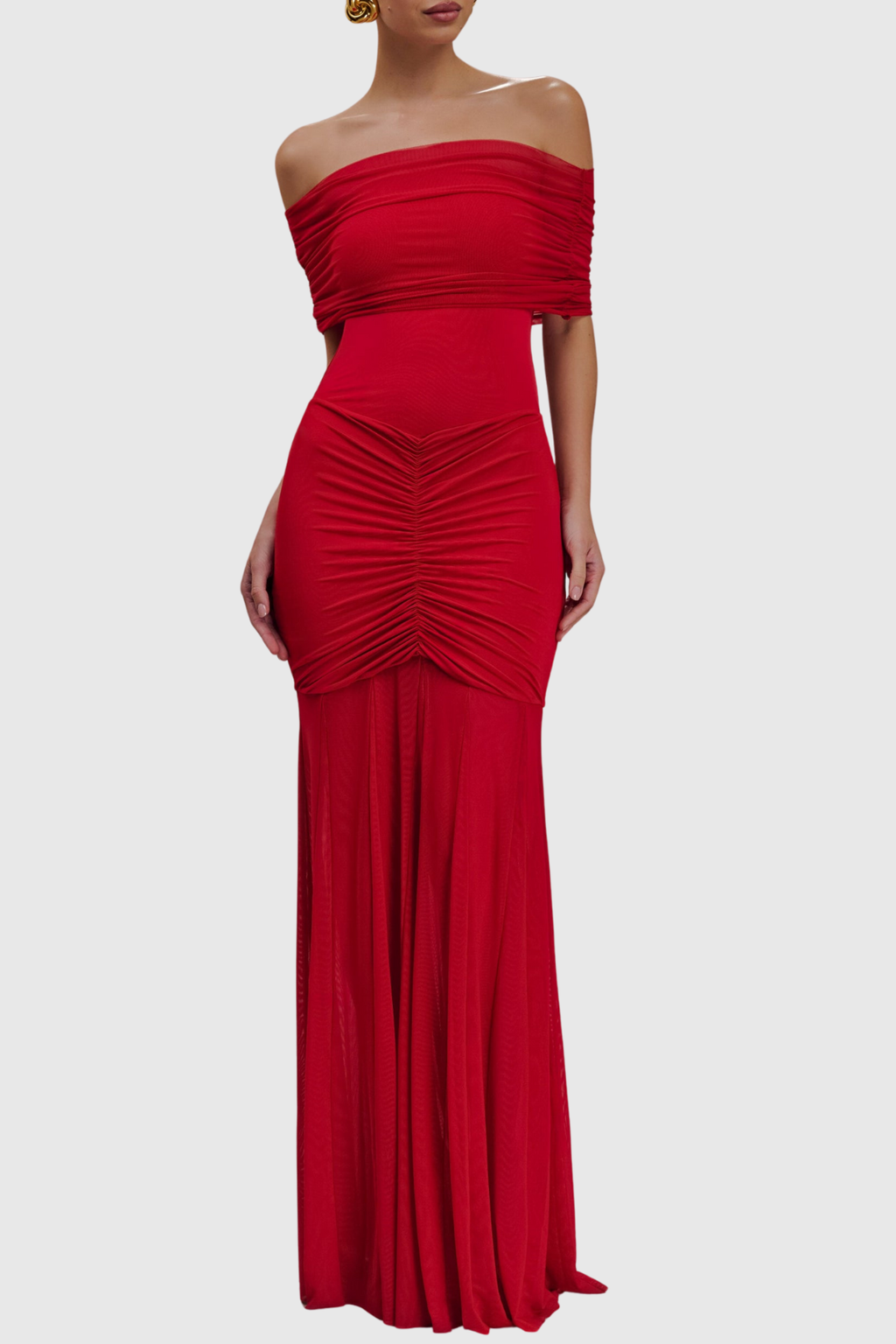 Loxley Off Shoulder Mesh Ruched Maxi Dress - Red