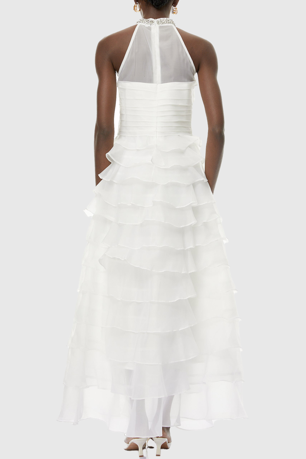 Lysses Floral Crystal Ruffle Sleeveless Maxi Dress - White