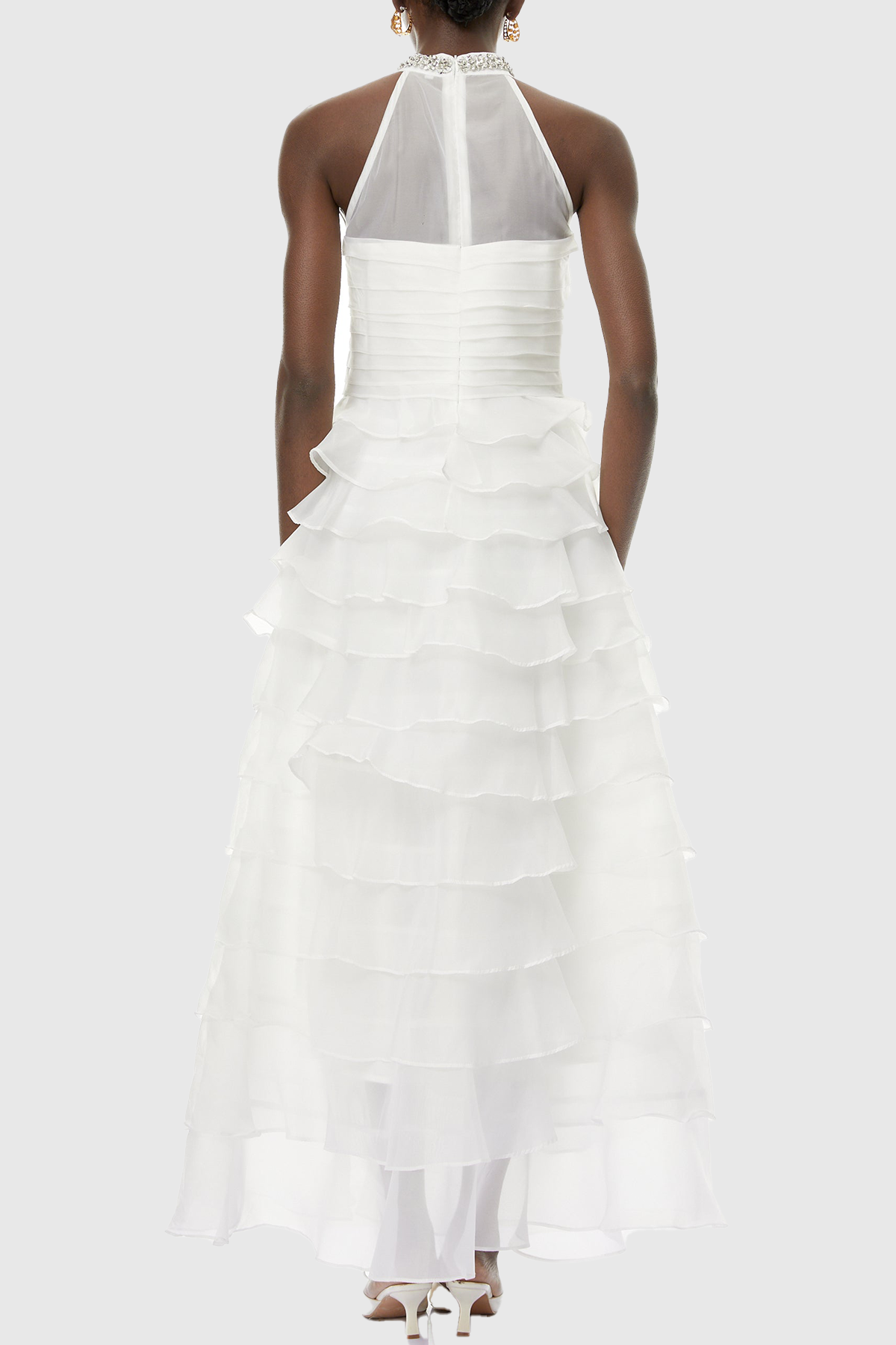 Lysses Floral Crystal Ruffle Sleeveless Maxi Dress - White