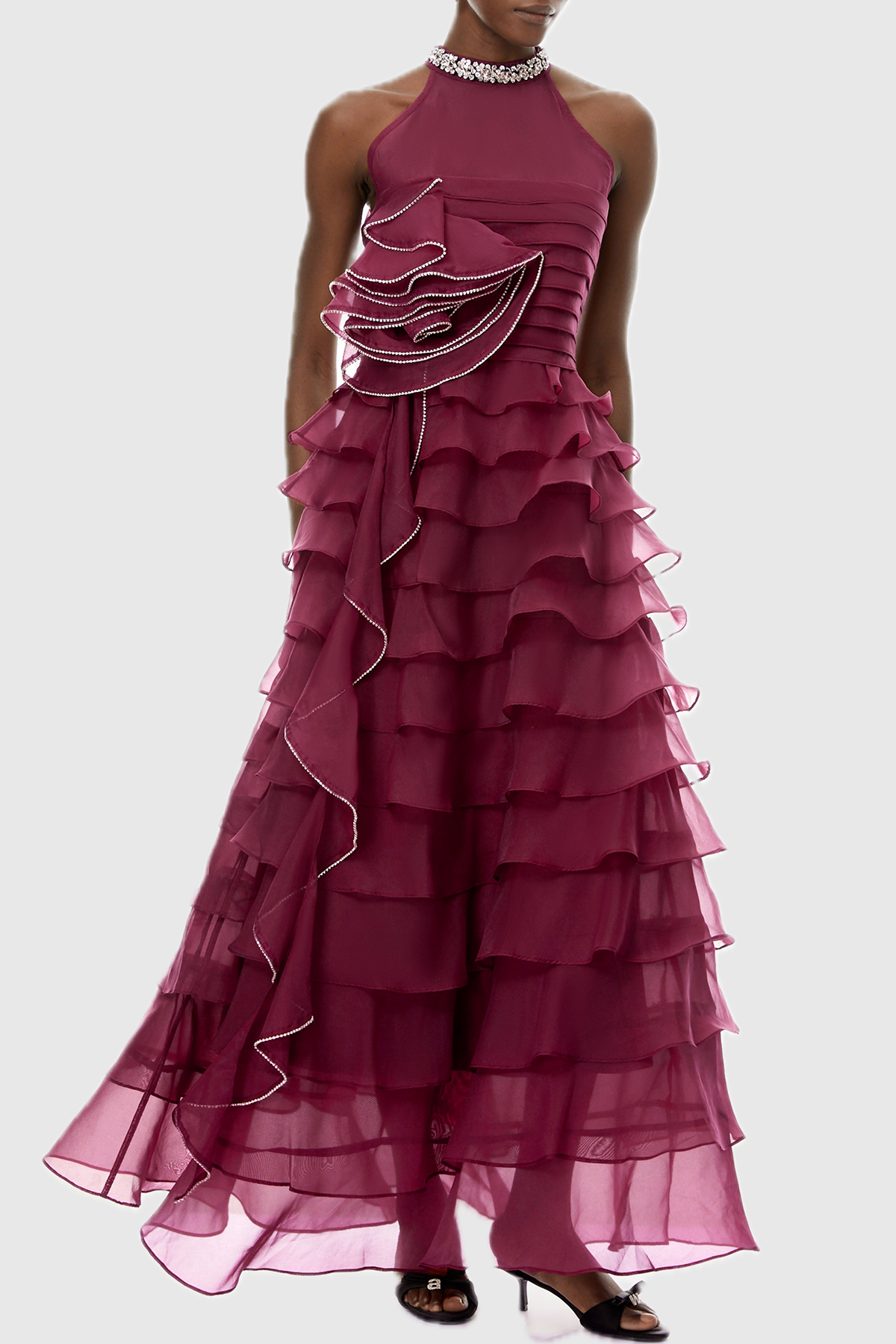 Lysses Floral Crystal Ruffle Sleeveless Maxi Dress - Wine