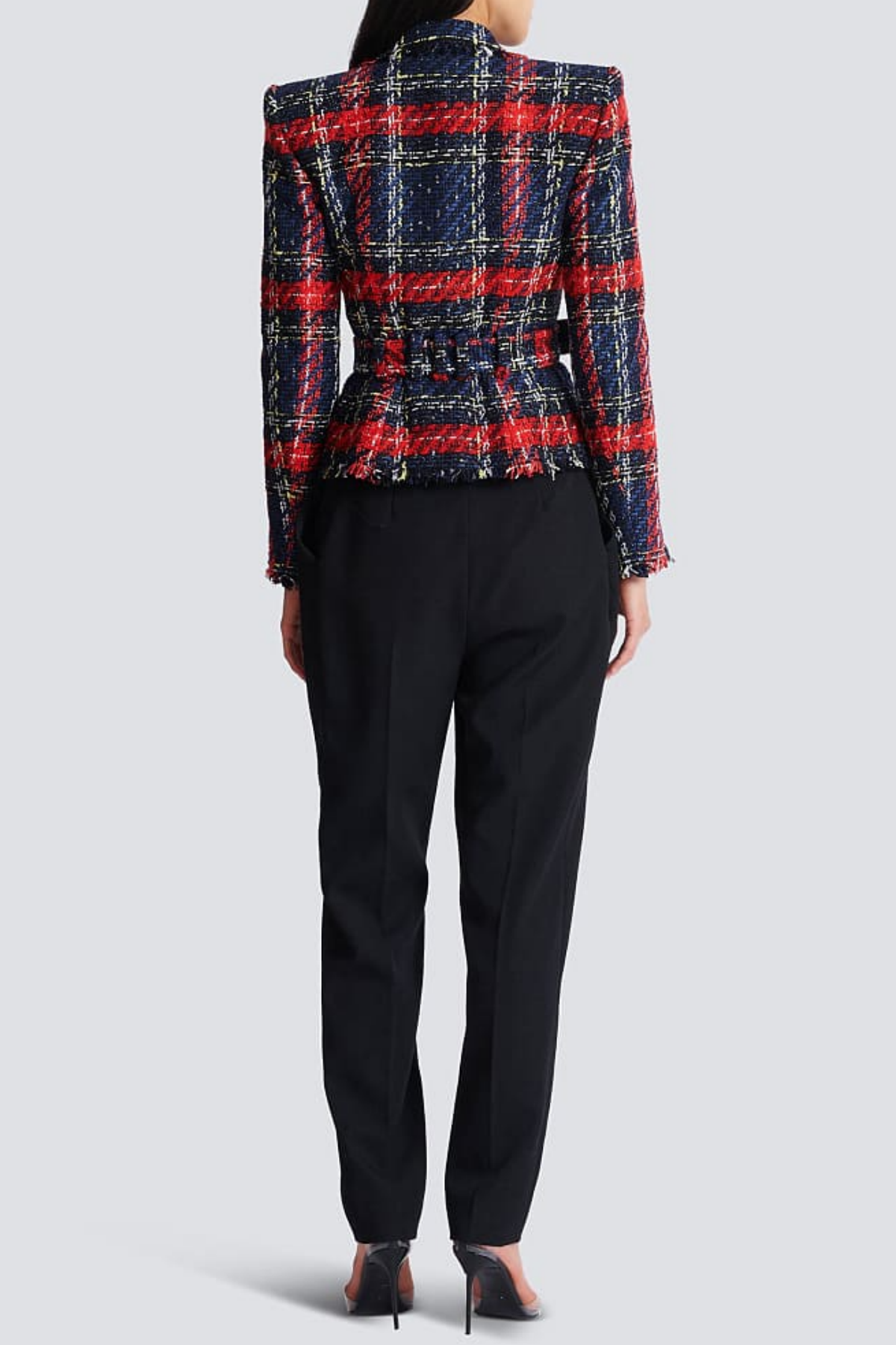 Marcea Belted Plaid Tweed Jacket