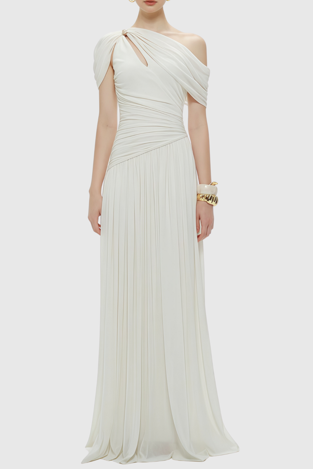 Merlin Asymmetric Ruched Maxi Dress - White
