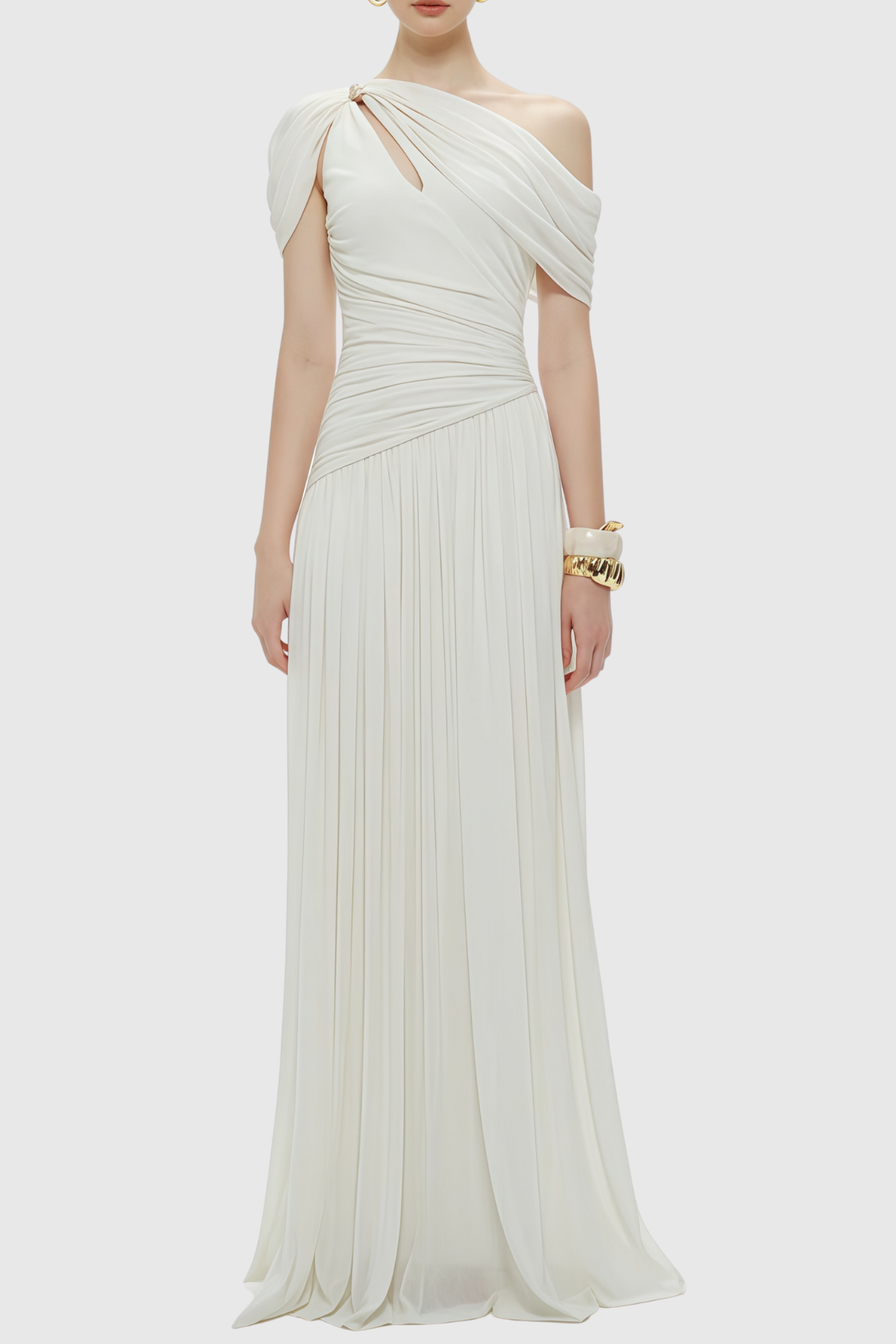 Merlin Asymmetric Ruched Maxi Dress - White