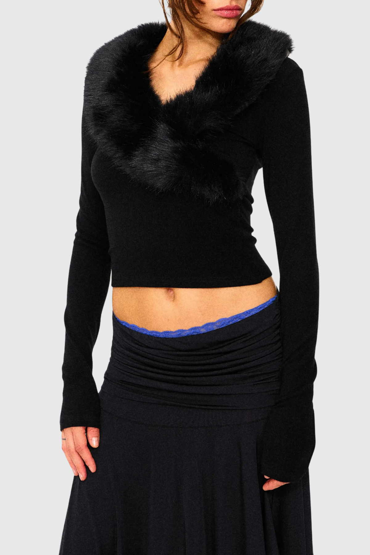 Miela Faux Fur Collar Top - Black