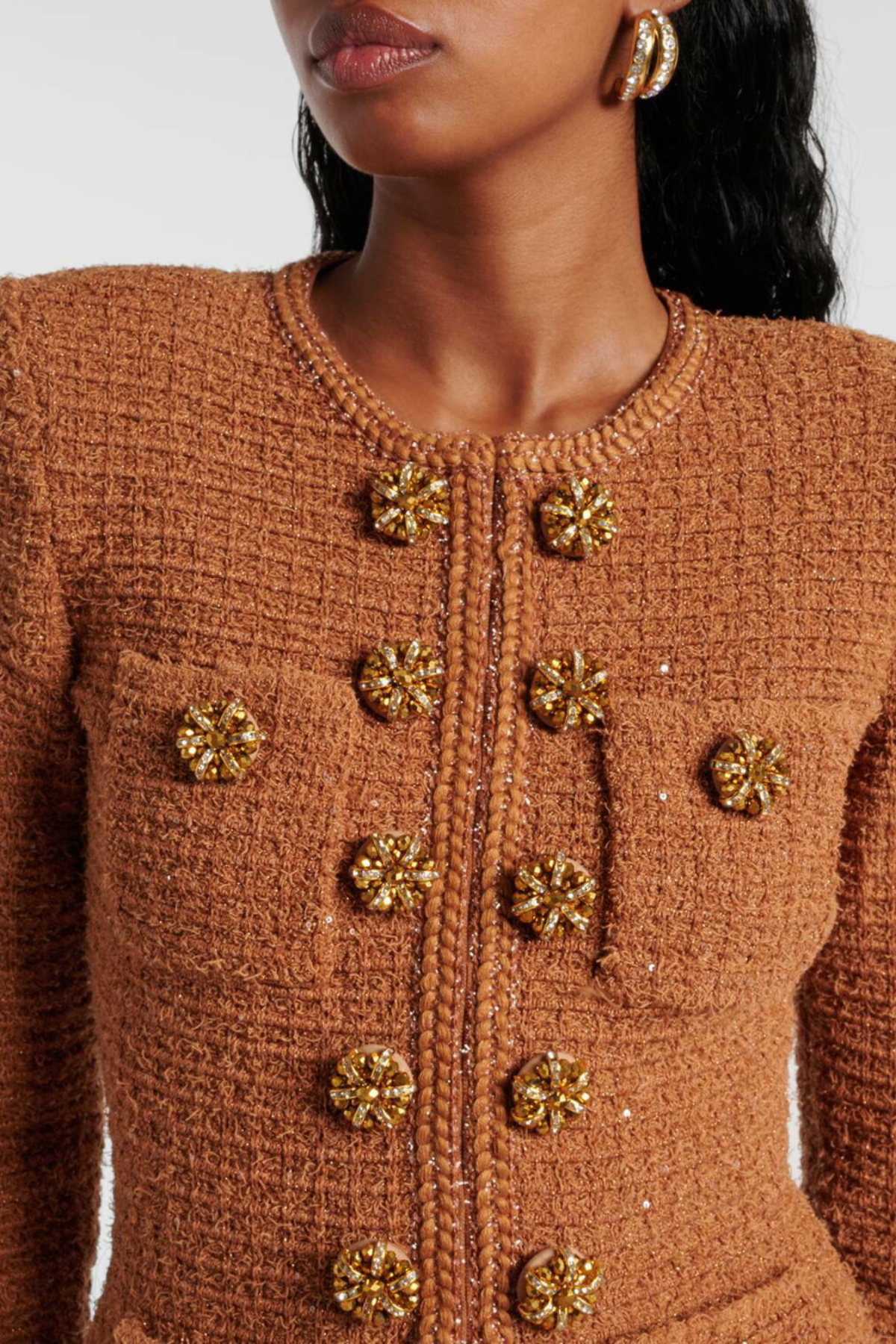 Mikya Waffle Knit Embellished Midi Dress - Brown