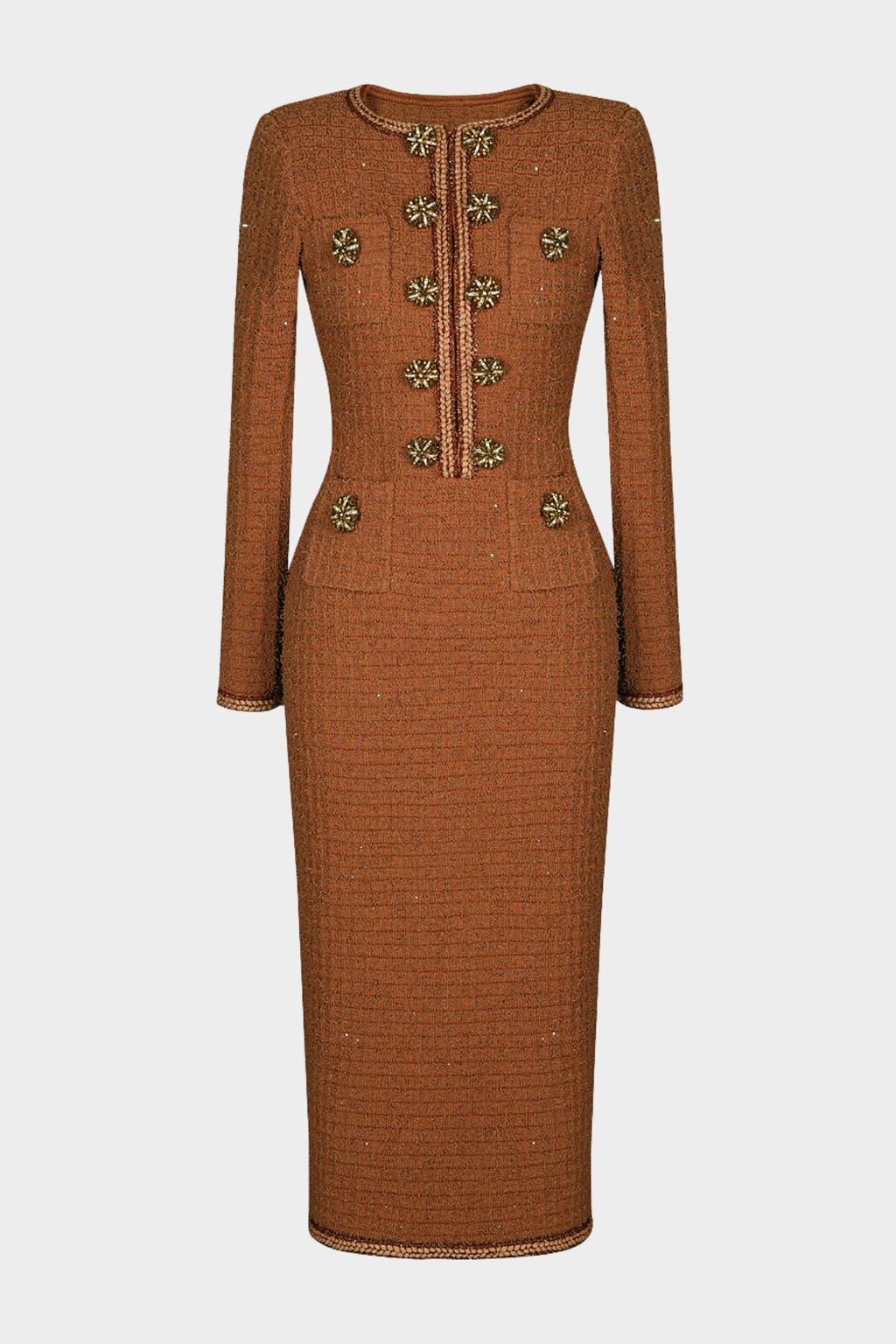 Mikya Waffle Knit Embellished Midi Dress - Brown