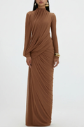 Miyako Asymmetric Ruched Maxi Dress - Brown