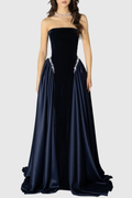 Moloka Strapless Velvet Pearl Embellished Maxi Dress - Navy