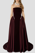 Moloka Strapless Velvet Pearl Embellished Maxi Dress - Wine