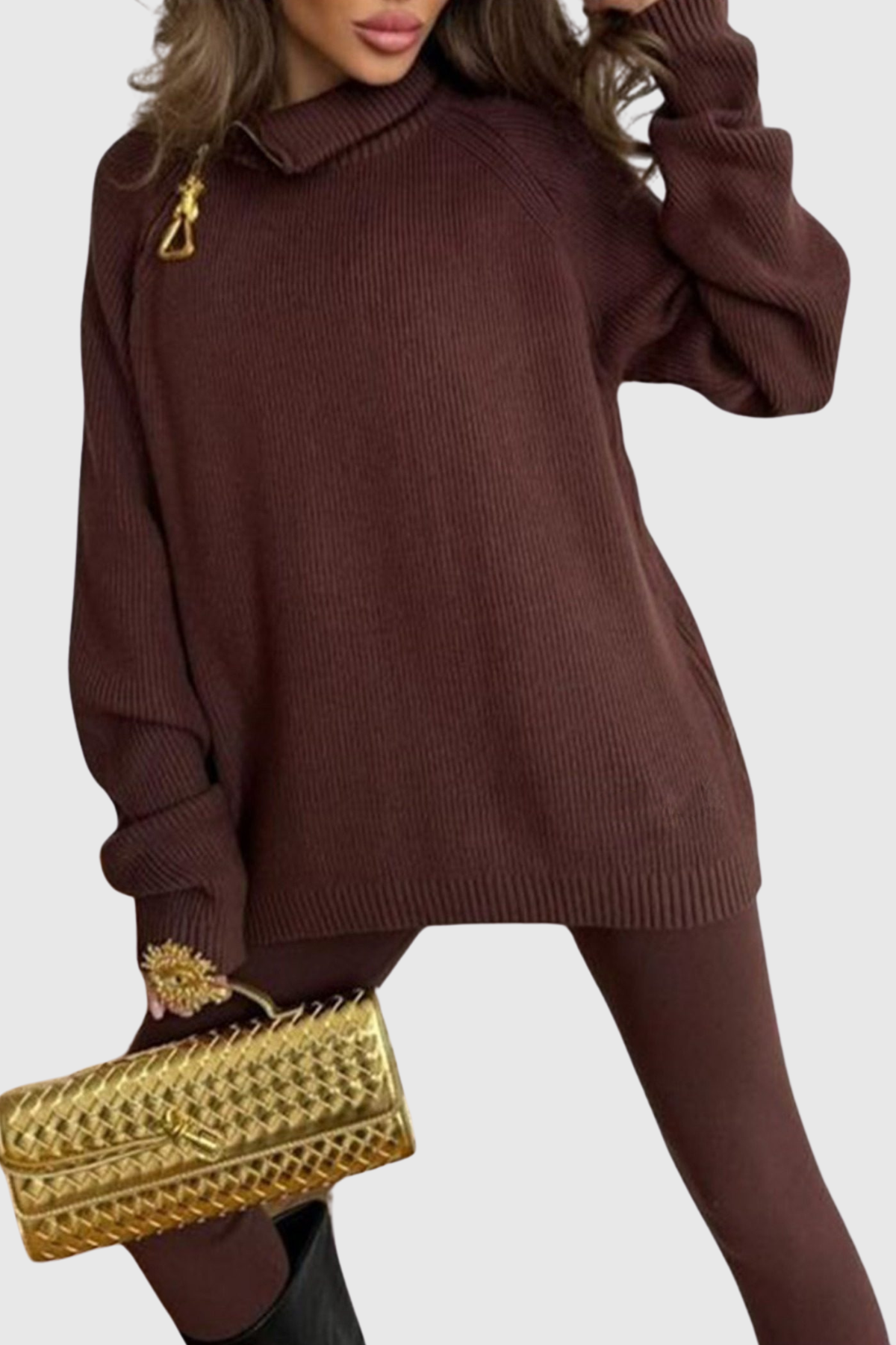 Moses Zip Embellished Sweater & Pants Set - Brown