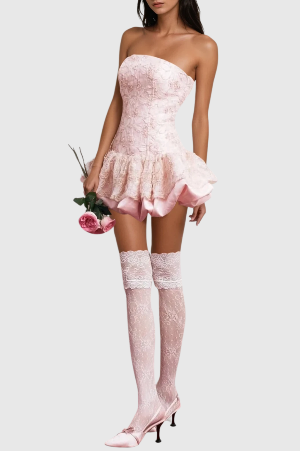 Netuno Floral Lace Strapless Mini Dress - Pink