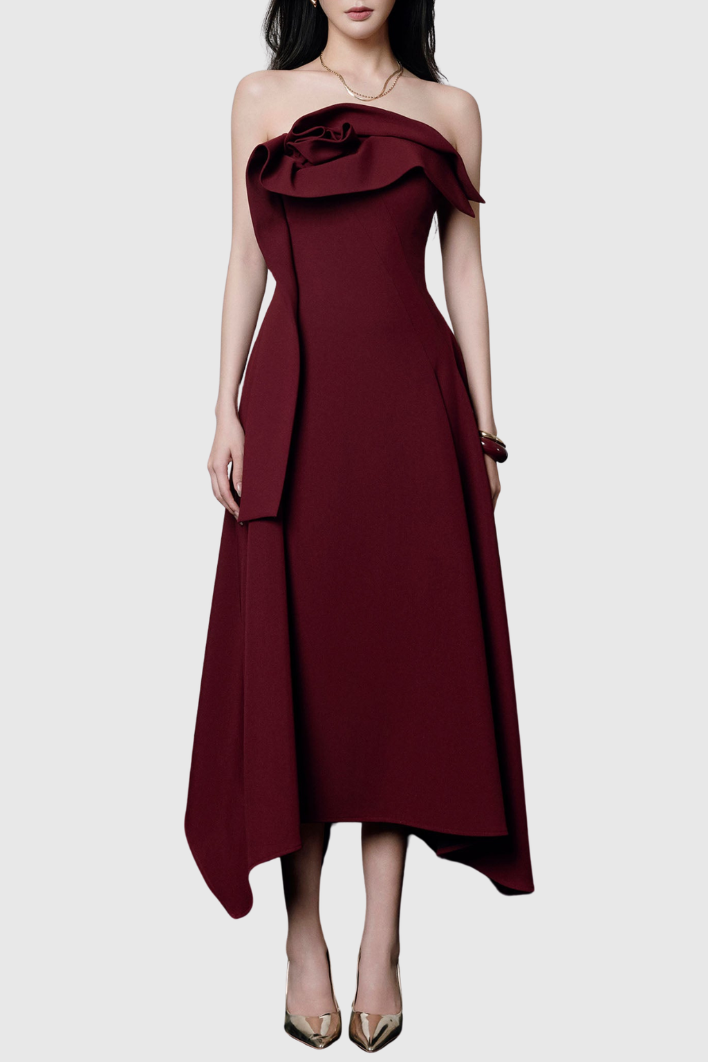 Novak Floral Strapless Ruffle Midi Dress