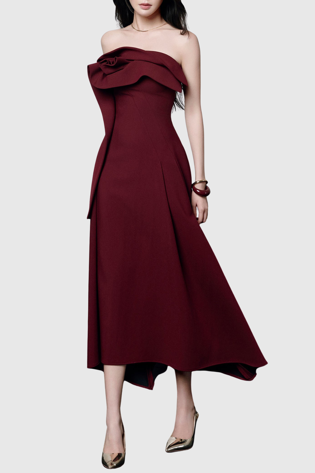 Novak Floral Strapless Ruffle Midi Dress