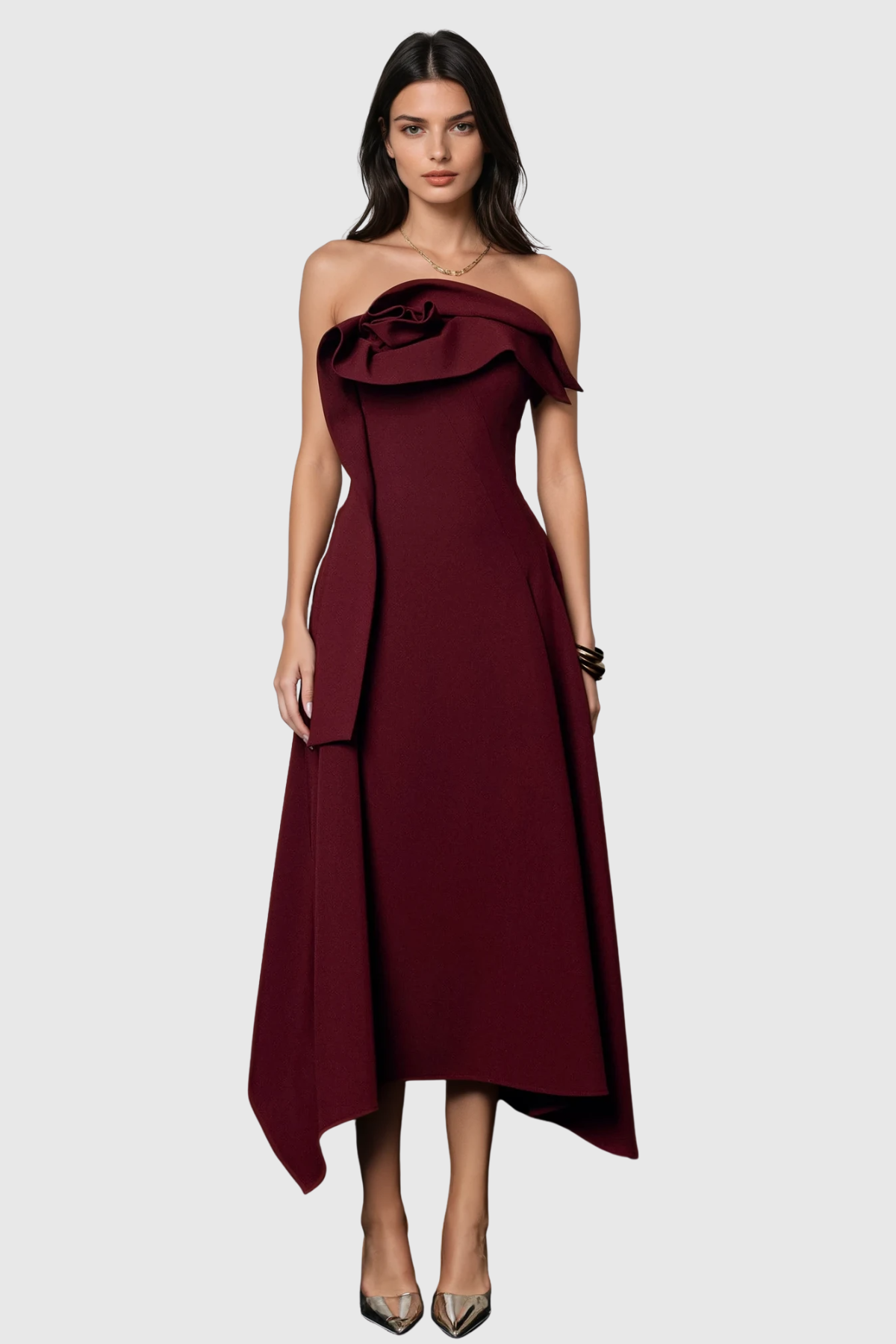 Novak Floral Strapless Ruffle Midi Dress