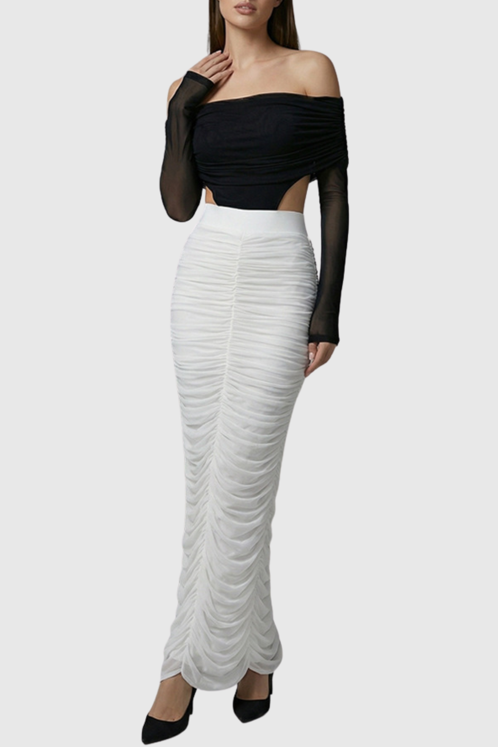 Oaks Off Shoulder Mesh Ruched Bodysuit & Maxi Skirt Set
