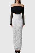 Oaks Off Shoulder Mesh Ruched Bodysuit & Maxi Skirt Set