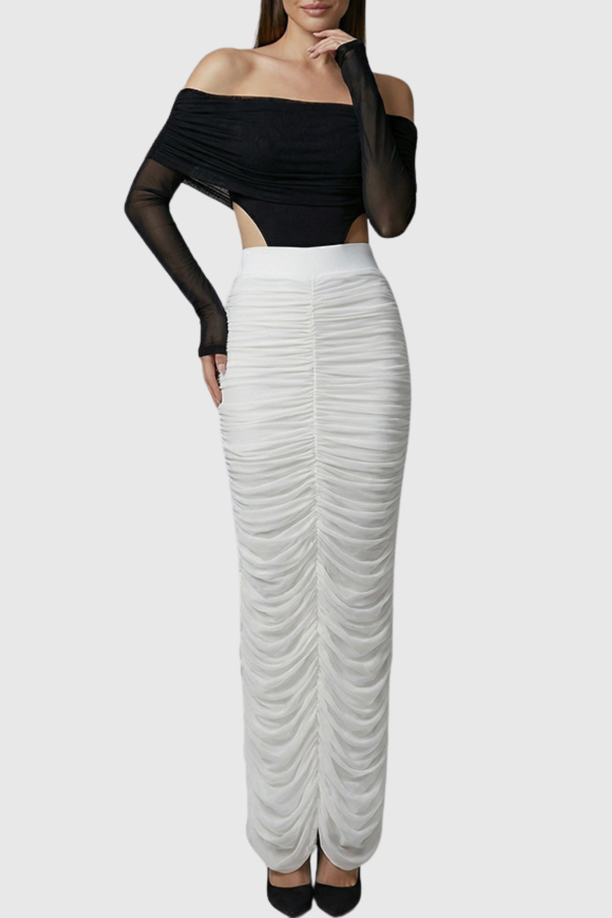 Oaks Off Shoulder Mesh Ruched Bodysuit & Maxi Skirt Set