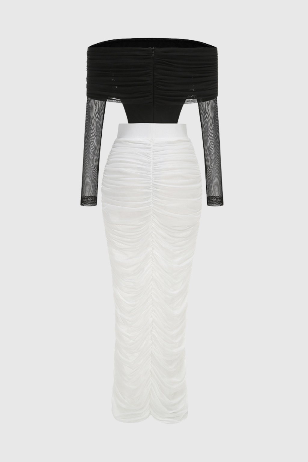 Oaks Off Shoulder Mesh Ruched Bodysuit & Maxi Skirt Set