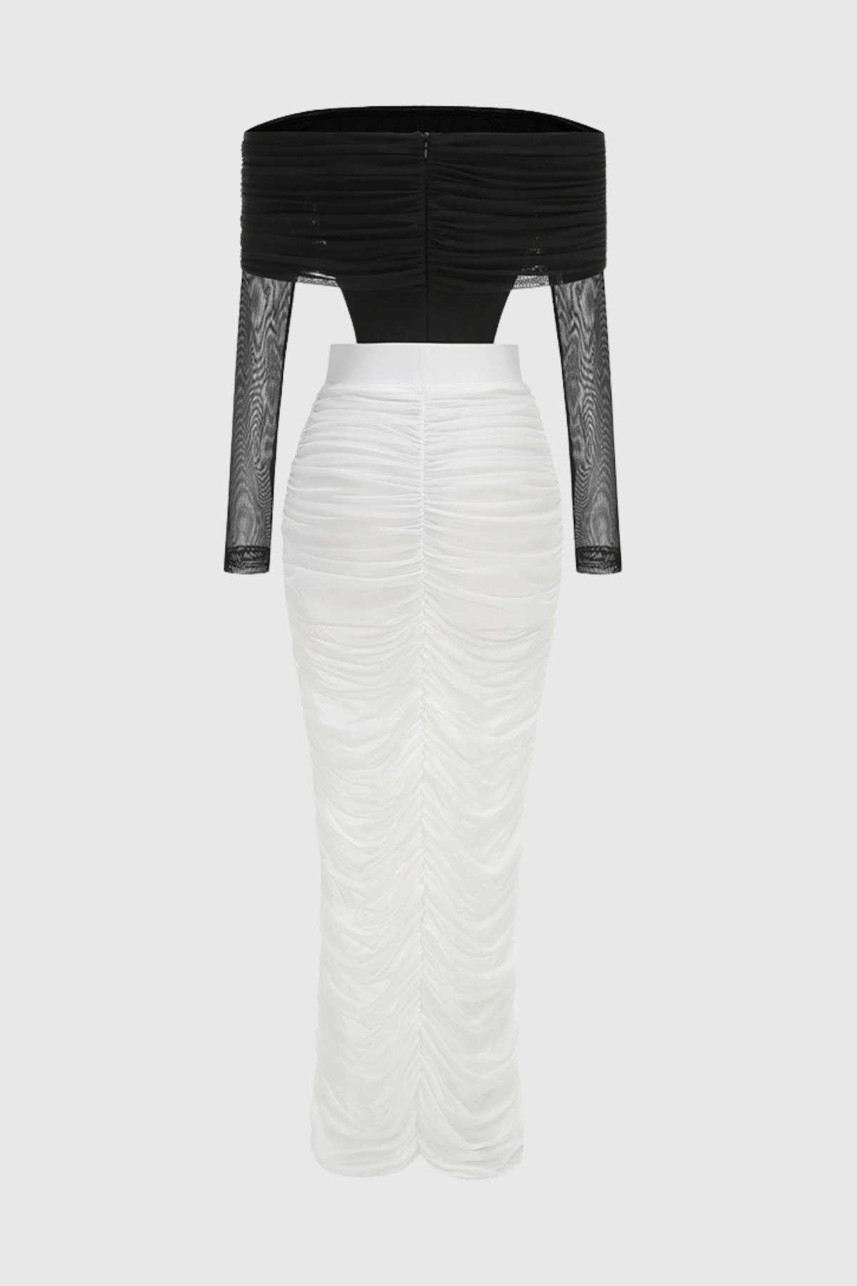 Oaks Off Shoulder Mesh Ruched Bodysuit & Maxi Skirt Set