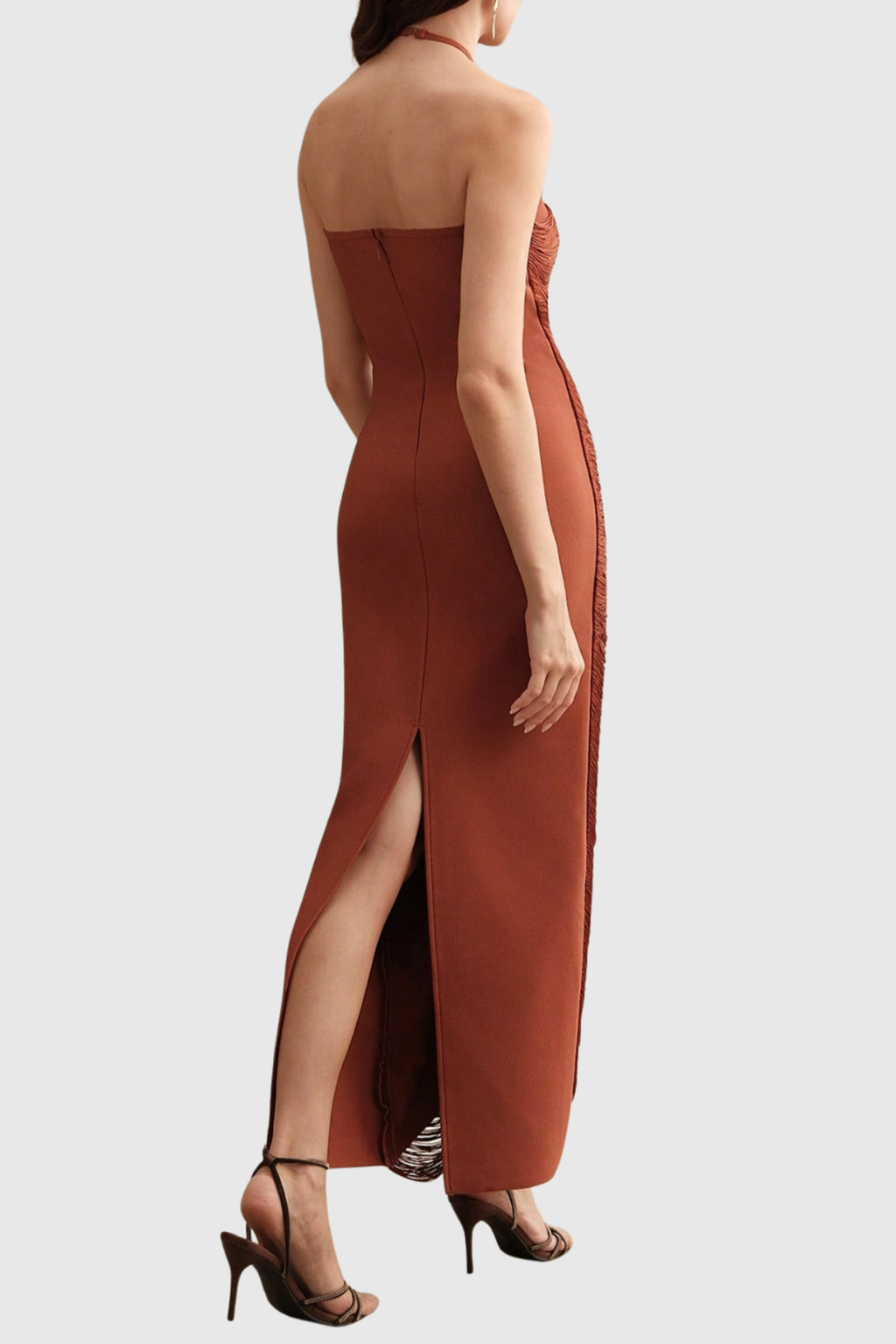 Oriana Halter Fringe Maxi Bandage Dress - Brown