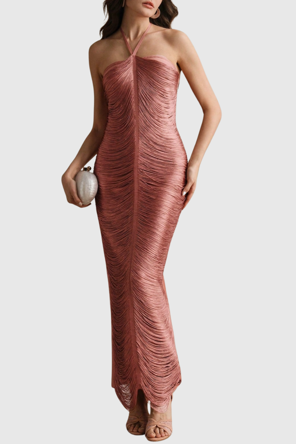 Oriana Halter Fringe Maxi Bandage Dress - Pink
