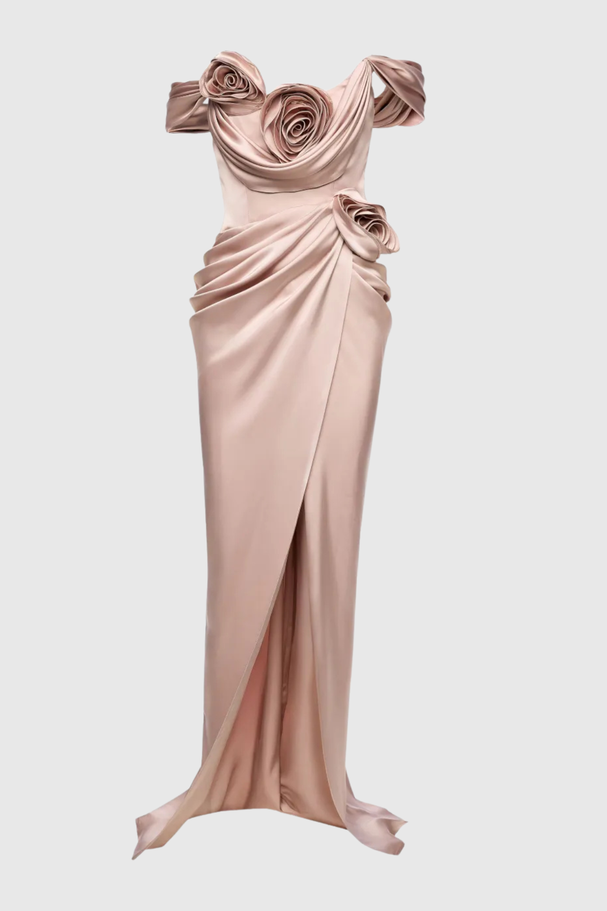 Osirisa Rose Off Shoulder Satin Ruched Maxi Dress