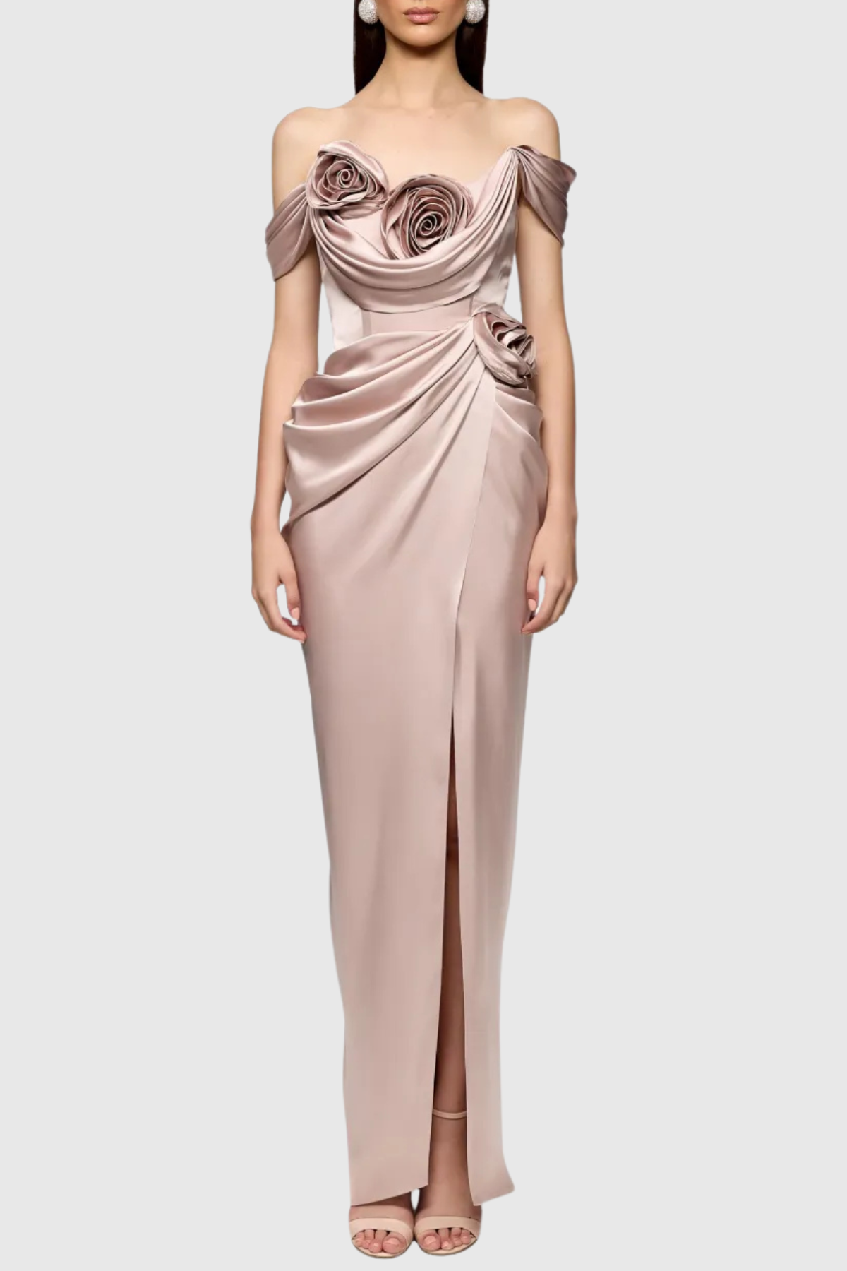 Osirisa Rose Off Shoulder Satin Ruched Maxi Dress
