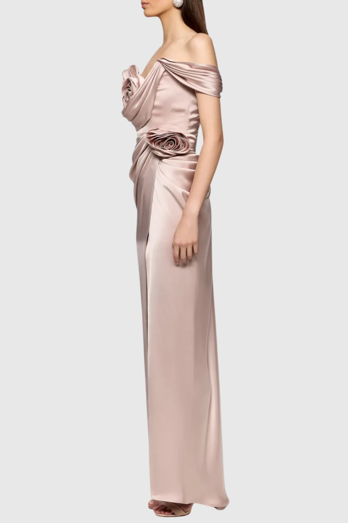 Osirisa Rose Off Shoulder Satin Ruched Maxi Dress