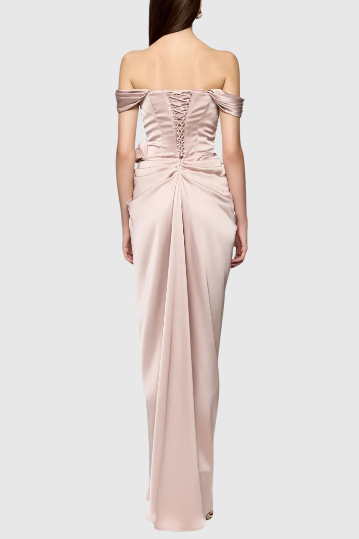 Osirisa Rose Off Shoulder Satin Ruched Maxi Dress
