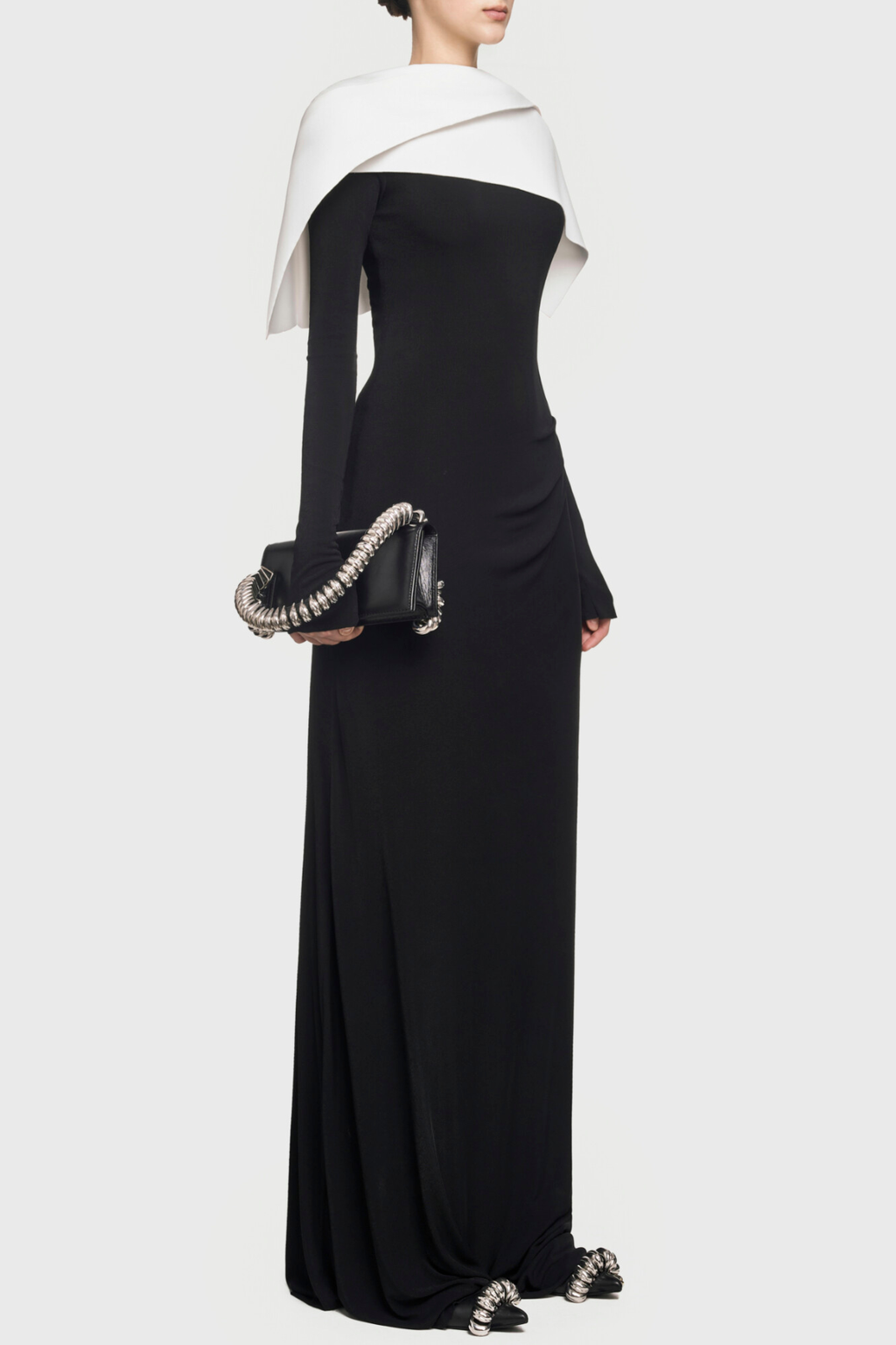 Priora Asymmetric Shawl Ruched Maxi Dress - Black