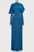 Priora Asymmetric Shawl Ruched Maxi Dress - Blue