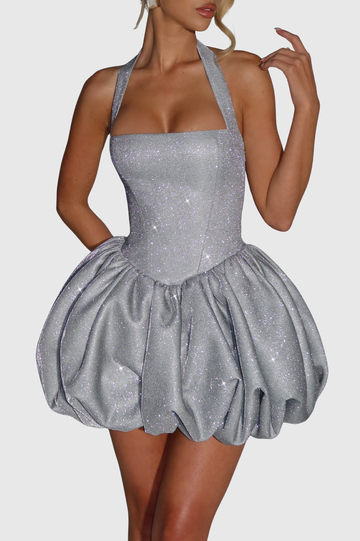 Qataya Halter Glitter Puff Mini Dress