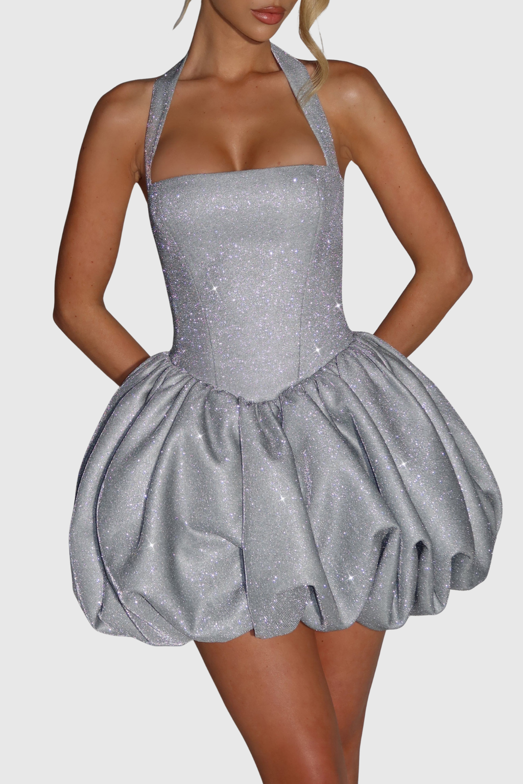 Qataya Halter Glitter Puff Mini Dress