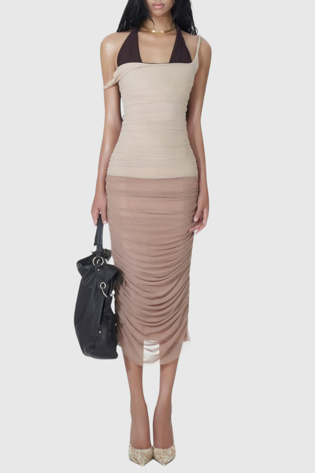 Quavia Mesh Ruched Midi Dress