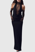 Quera Halter Lace Ruched Maxi Dress - Black