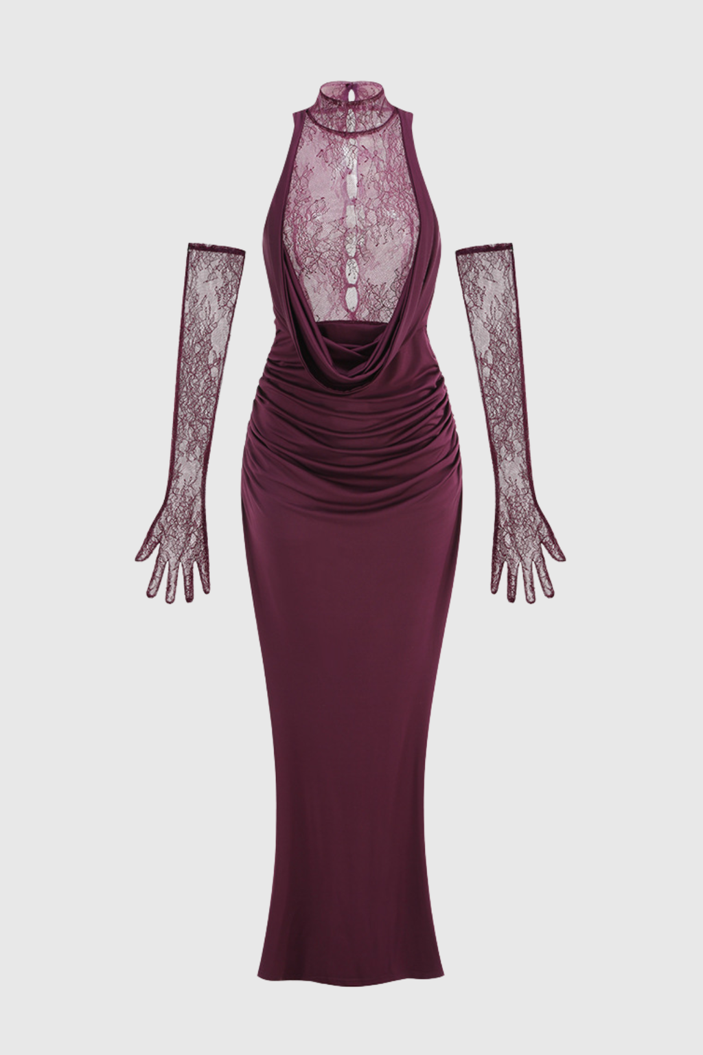 Quera Halter Lace Ruched Maxi Dress - Purple