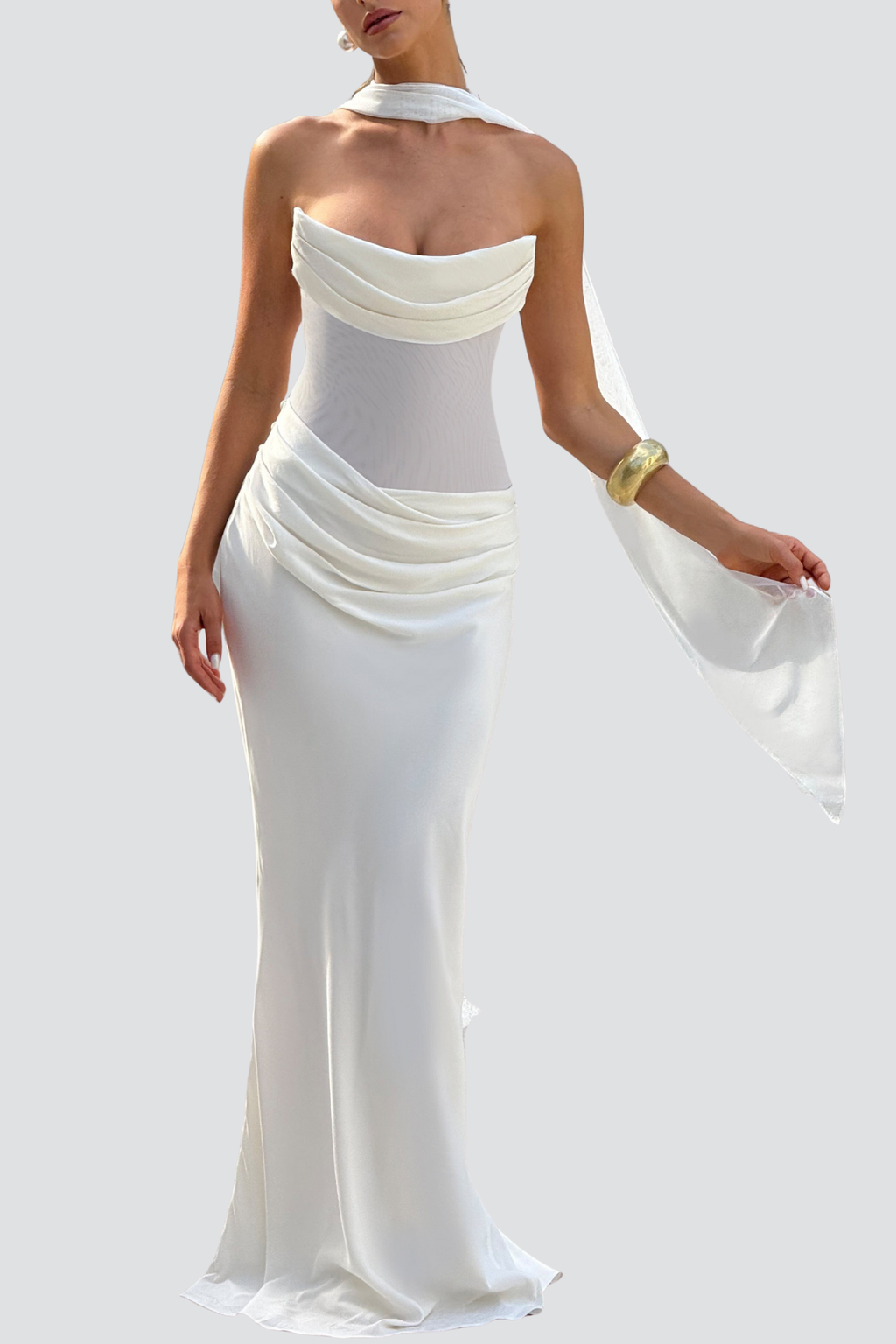 Radana Strapless Corset Satin Maxi Dress - White