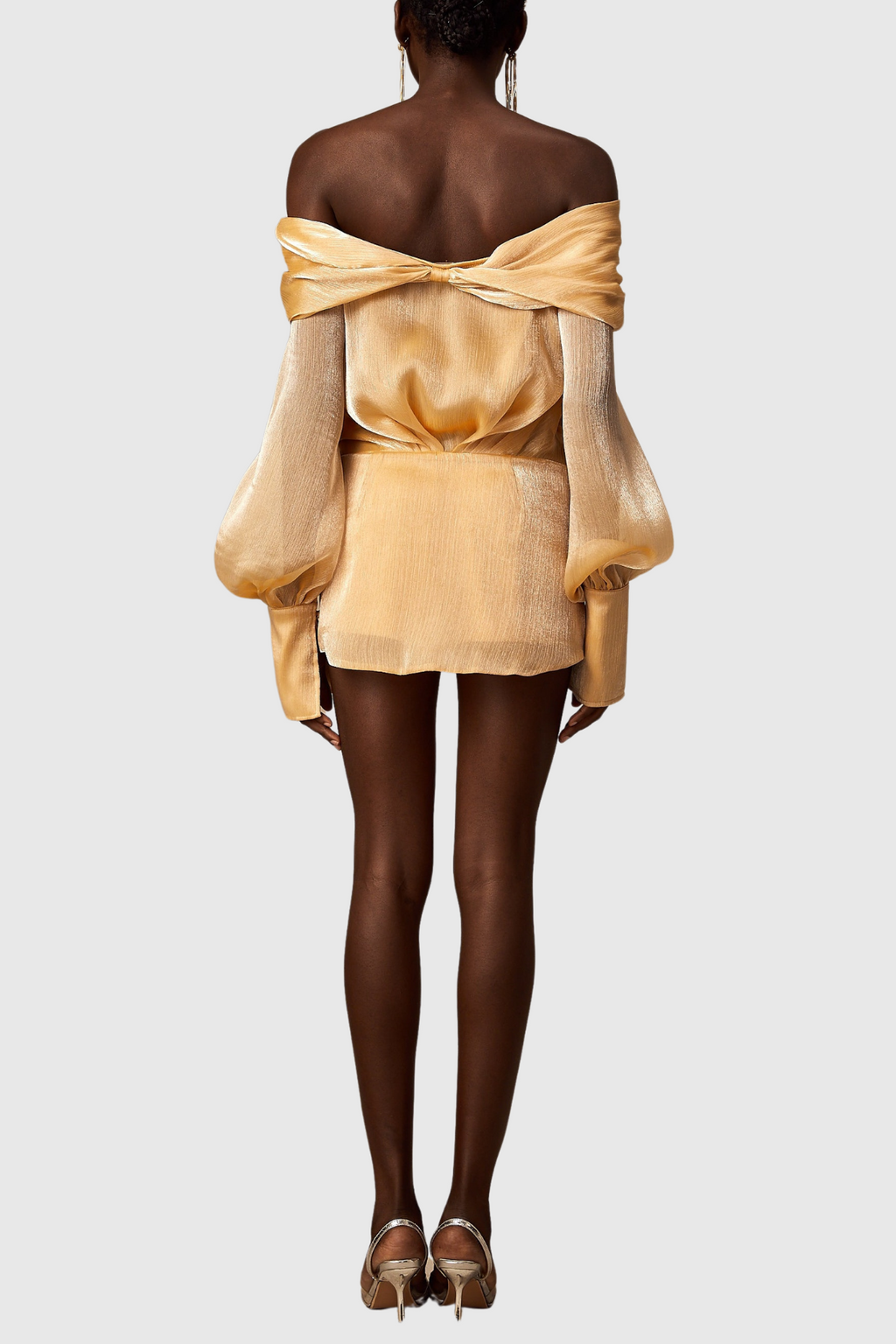 Rahar Gold Off Shoulder Rhinestone Embellished Mini Dress