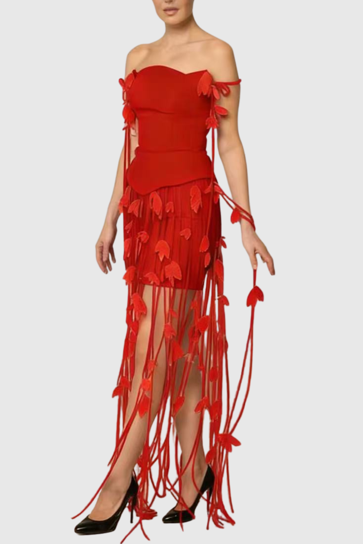 Rayya Strapless Floral Fringe Maxi Bandage Dress