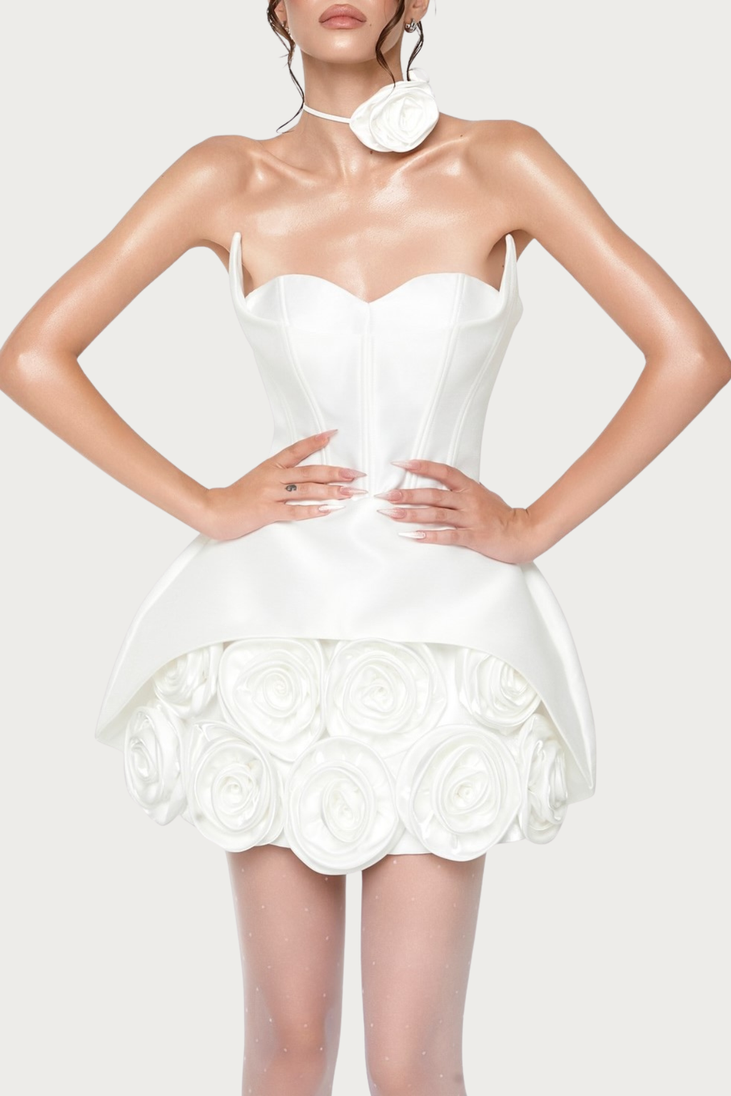 Remiel Strapless Rose Appliqué Corset Mini Dress - White