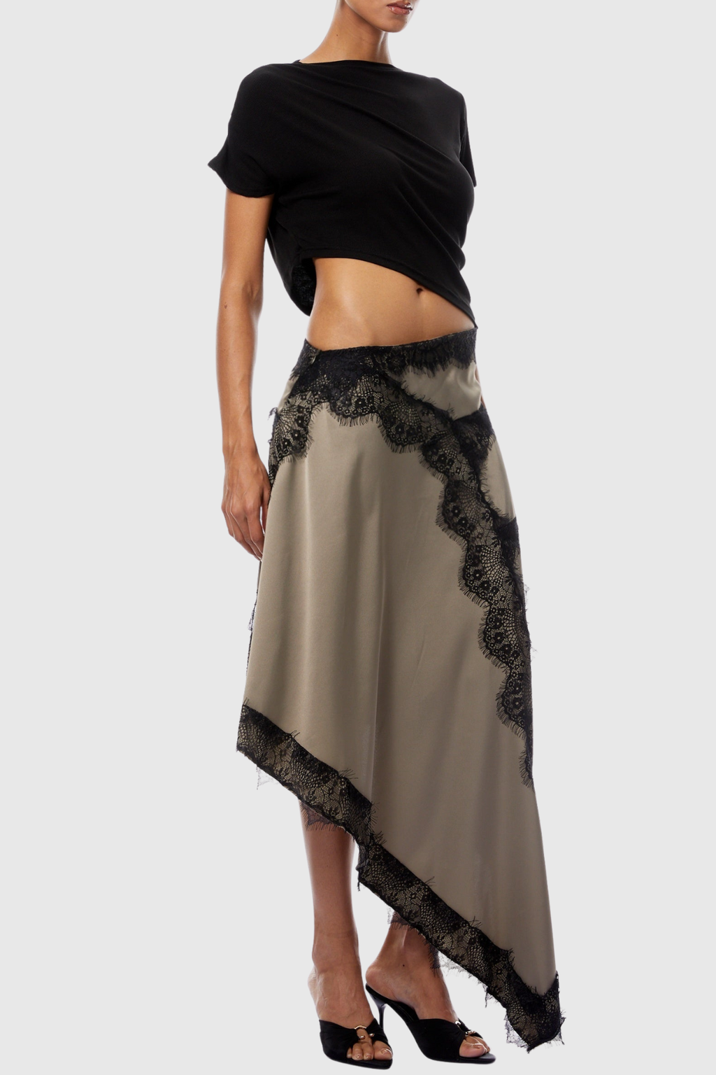 Roano Shirt Cutout Lace Panel Maxi Dress - Black