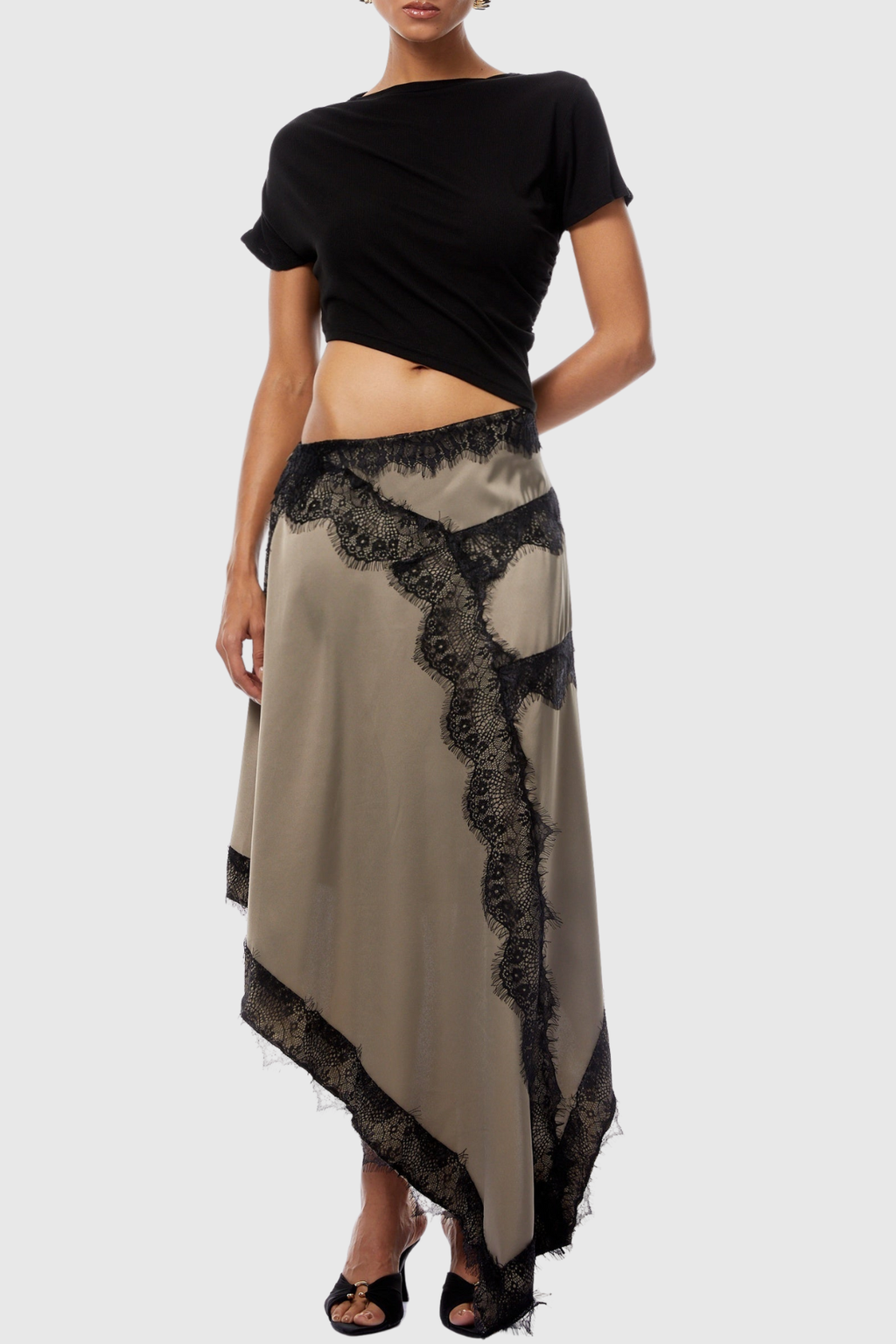 Roano Shirt Cutout Lace Panel Maxi Dress - Black