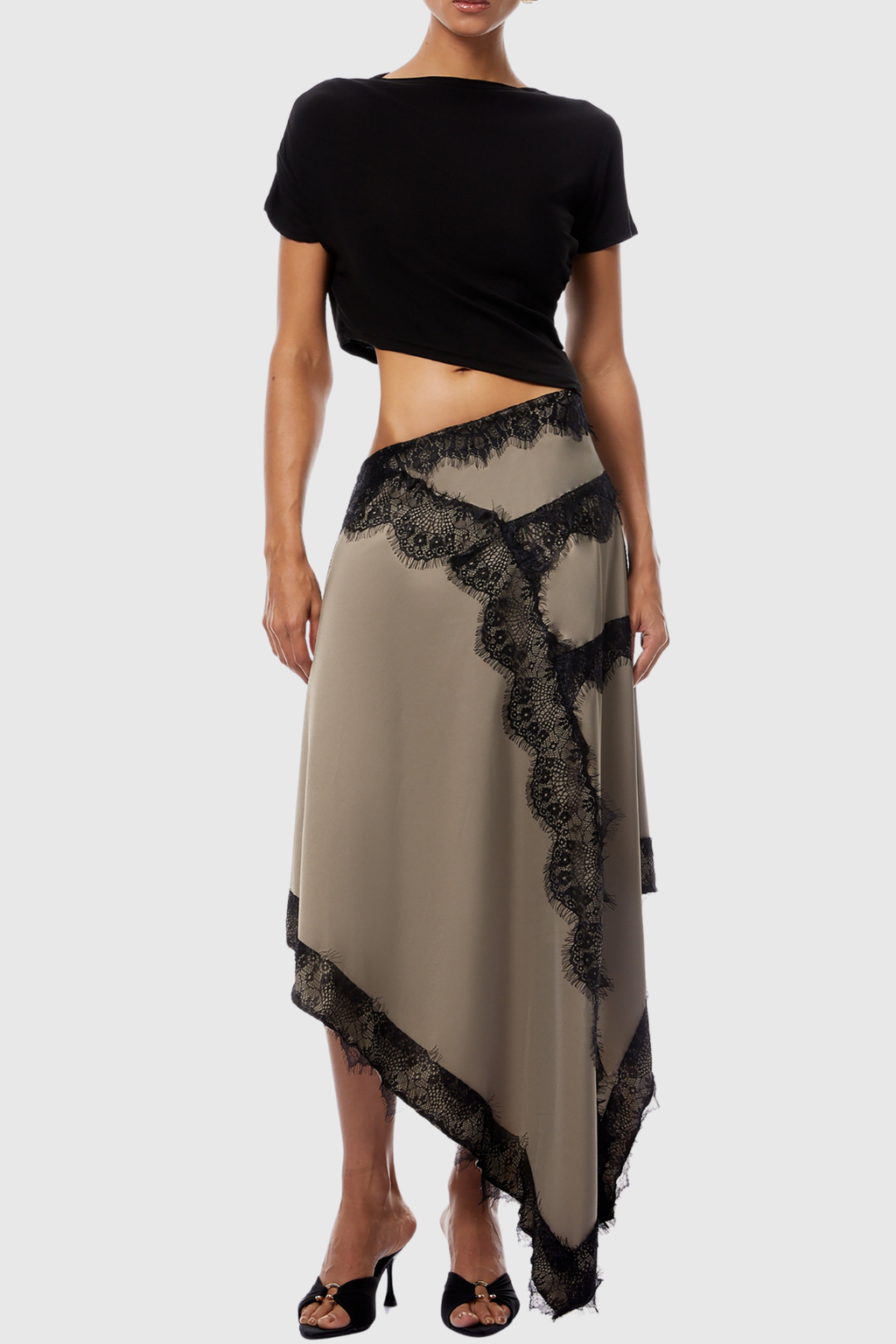 Roano Shirt Cutout Lace Panel Maxi Dress - Black