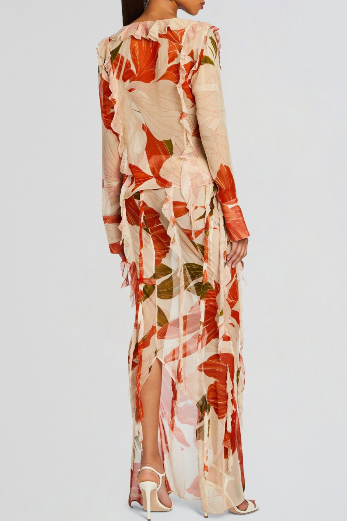 Rolana Floral Print Ruffle Blouse & Maxi Skirt Set