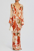 Rolana Floral Print Ruffle Blouse & Maxi Skirt Set